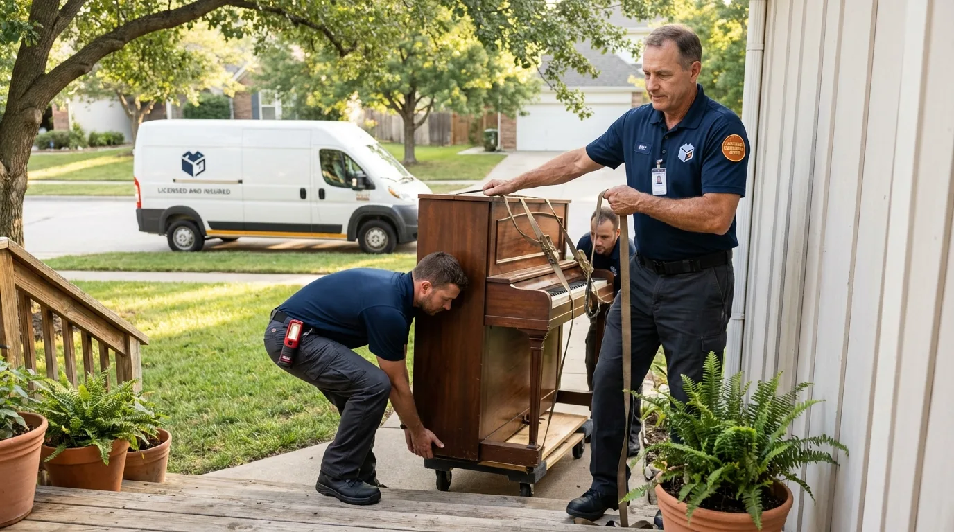 Licensed piano movers securing grand piano in Stevenson, AL