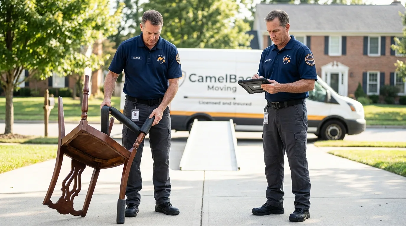 Movers inspecting furniture for damage prevention before loading in Stevenson, AL